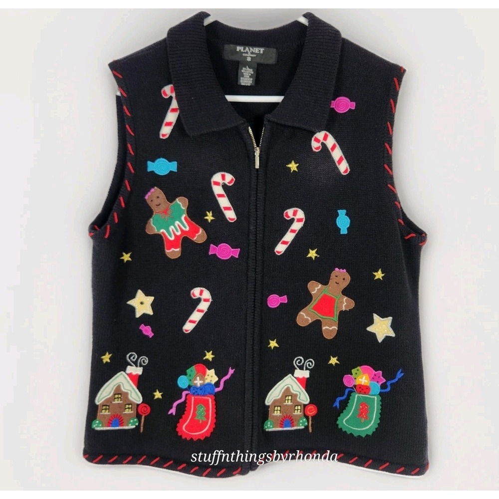 Vintage Christmas Zip Sweater Vest Womens Large Black Gingerbread House Applique